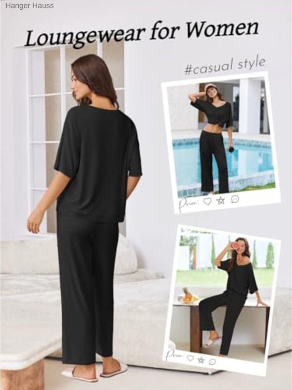 Women's Lounge Set 2 Piece Short Sleeve Wide Leg Pants Pajama Set - Picture 3 of 6